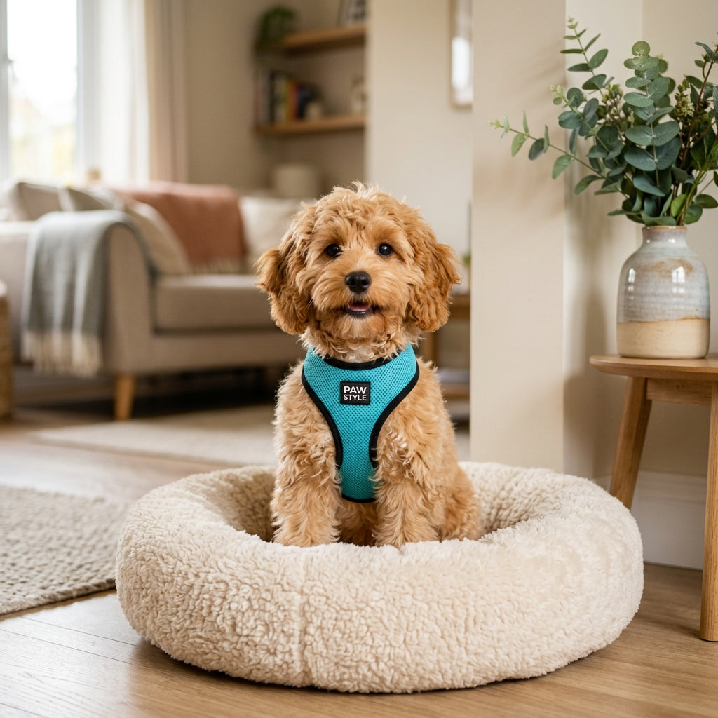 Fluffy small dog in teal Gooby harness sitting in plush bed